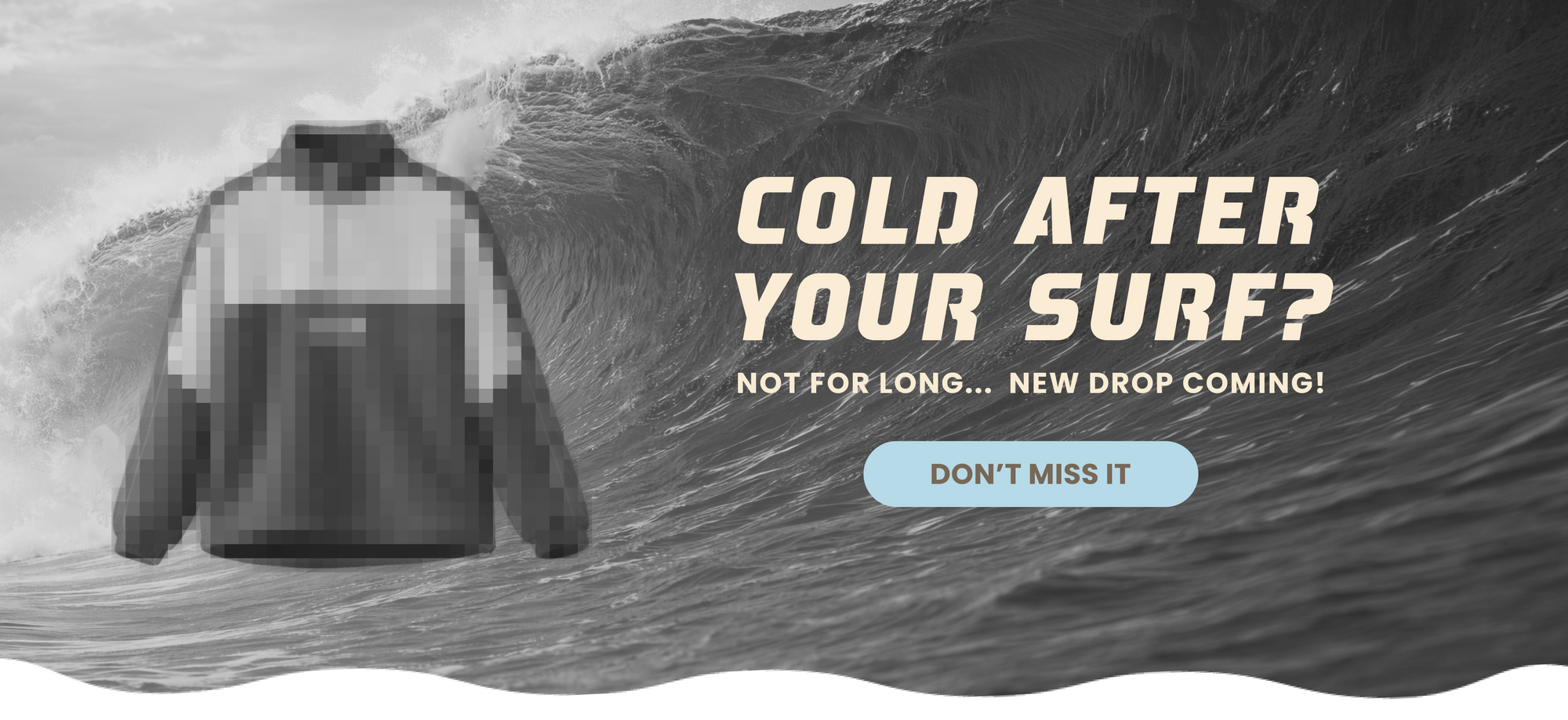 Jumper on a wave with promotional text for a new product drop.